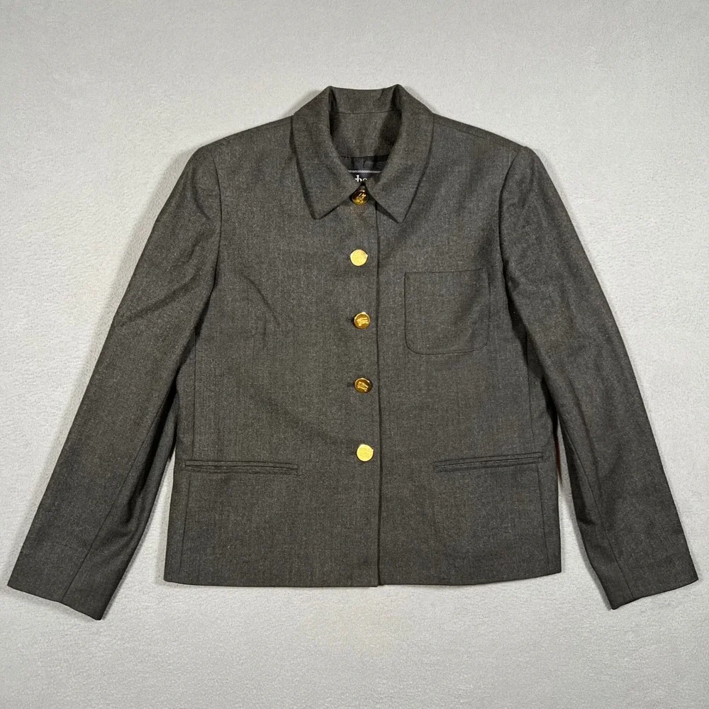 Vintage Burberry Wool Blazer Jacket Womens 4P‎ Petite Gray Collared Gold Buttons